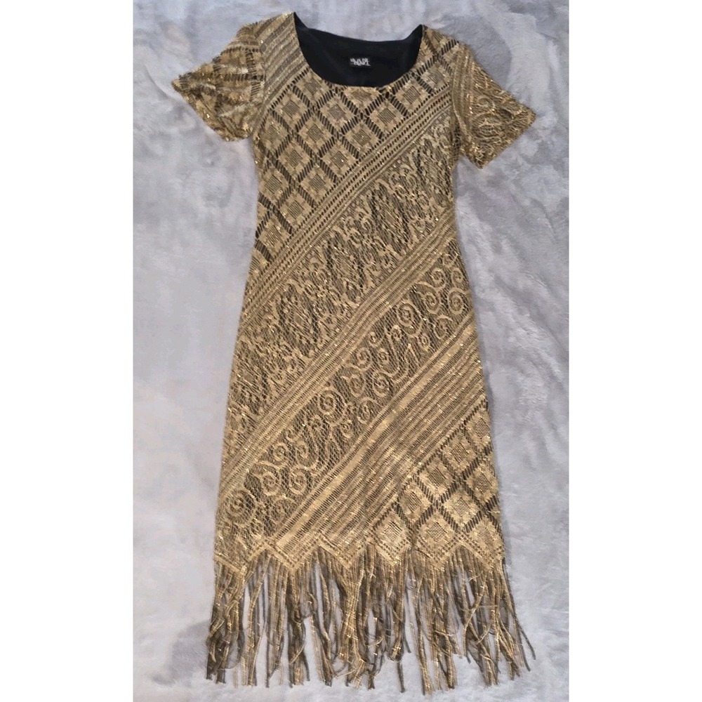 Vintage Helene Blake Gold Black Flapper Gatsby Evening Gown Dress Fringe Roaring